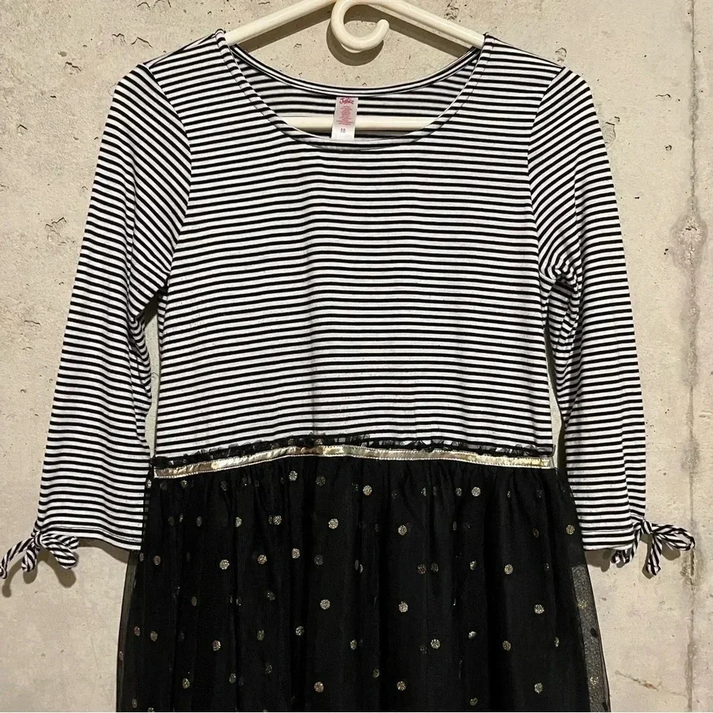 Justice Girls Dress Sz 18 Black White Stripes Tulle Gold Polka Dots Rocker Chic